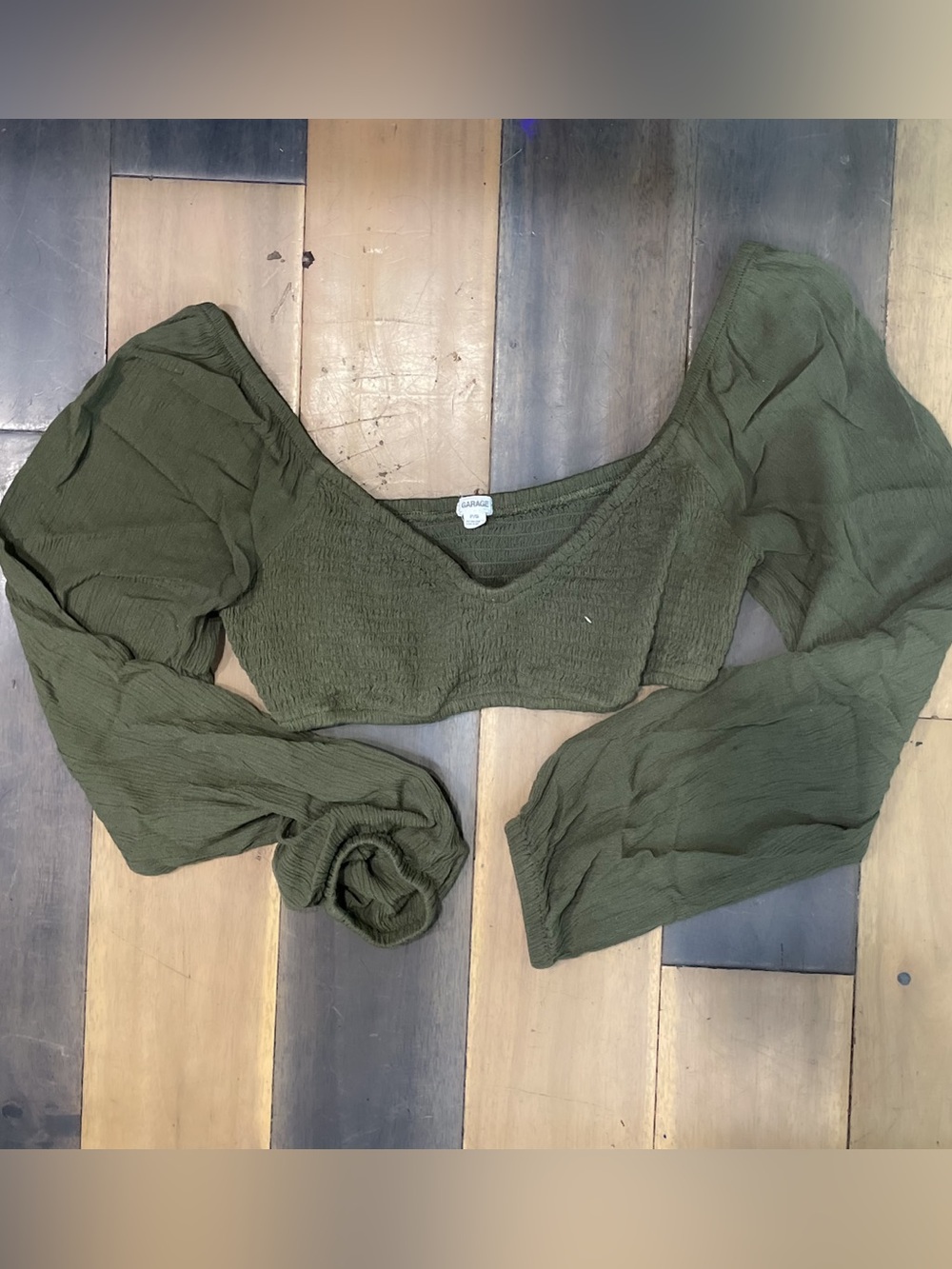 Garage Smocked Micro Long Sleeve Top in olive/army green, size S